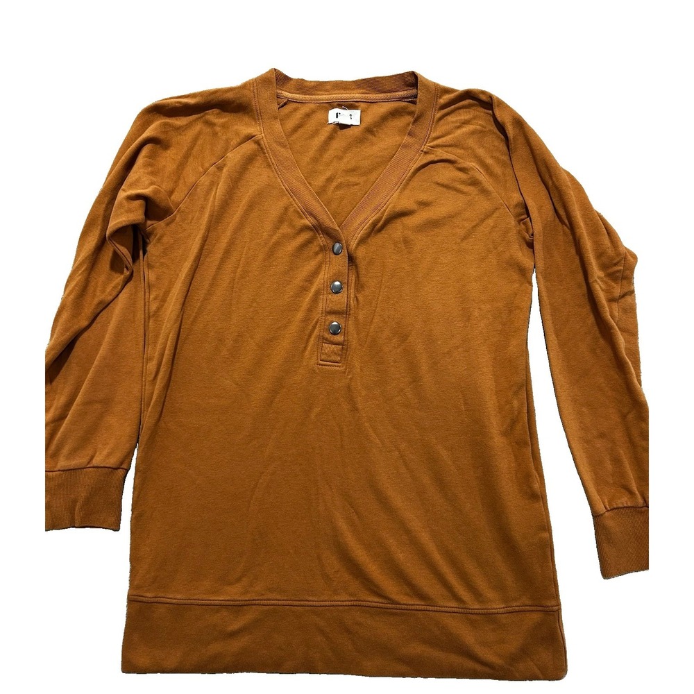 Pact Women's L Henley Shirt Organic Cotton Slub V-Neck Long Sleeve Rusty Brown